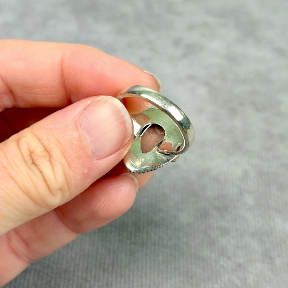 Sterling Silver Pink Rhodochrosite Pear Teardrop Beaded BOHO Ring Size 8